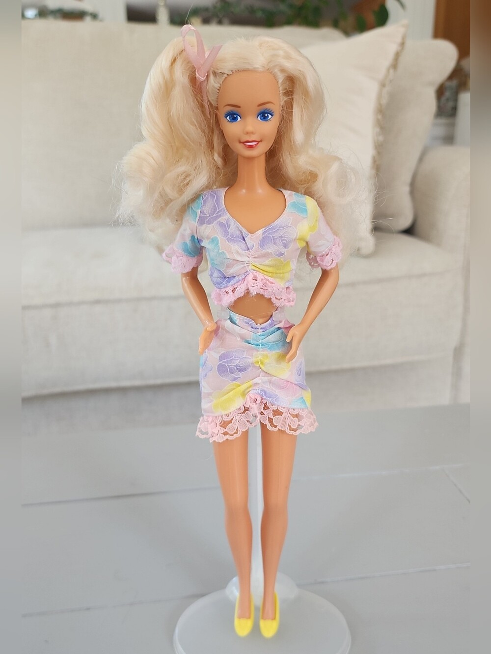 Mattel Vintage 1980s Barbie Doll Blonde Superstar Era In Pastel Dress Beautiful